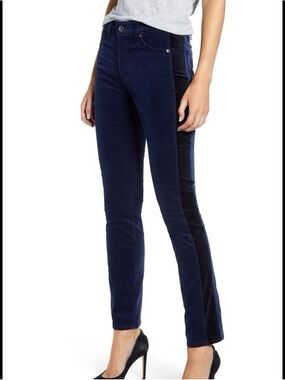 AG Mari Tuxedo Stripe Velvet Jeans High Rise Straight Navy Blue Size 26
